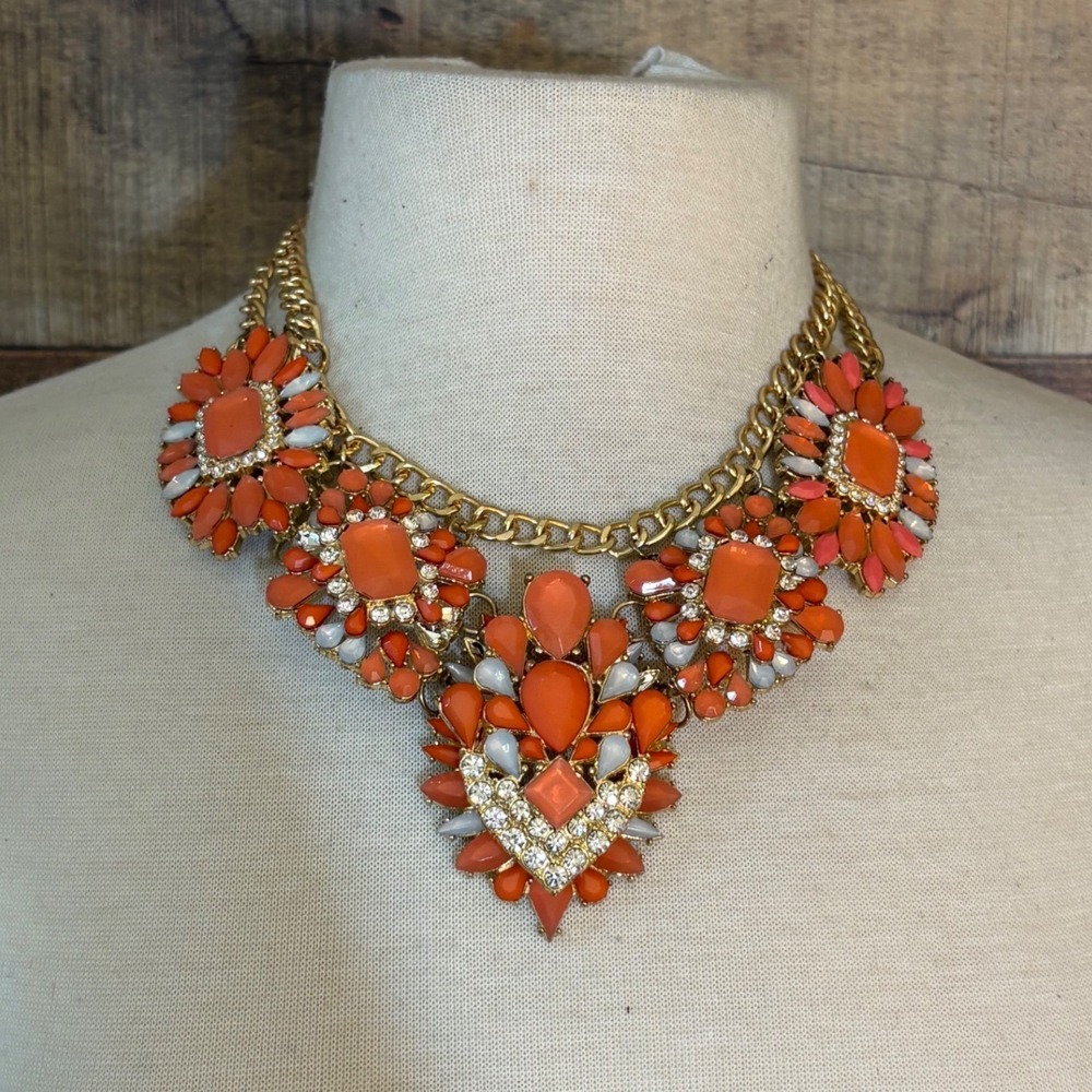 Orange Statement Bib Necklace Gold Tone Floral Resin Rhinestone